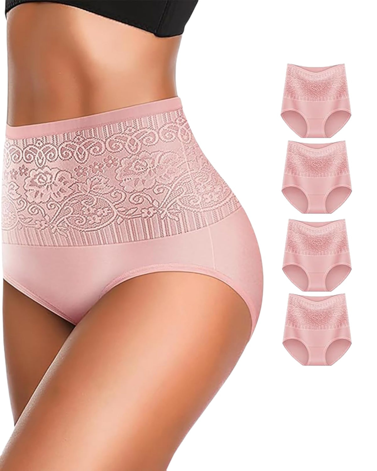 Women's Lace Trim High Waisted Cotton Underwear Full Coverage Ladies Panties Tummy Control Briefs 4 Pack Pink