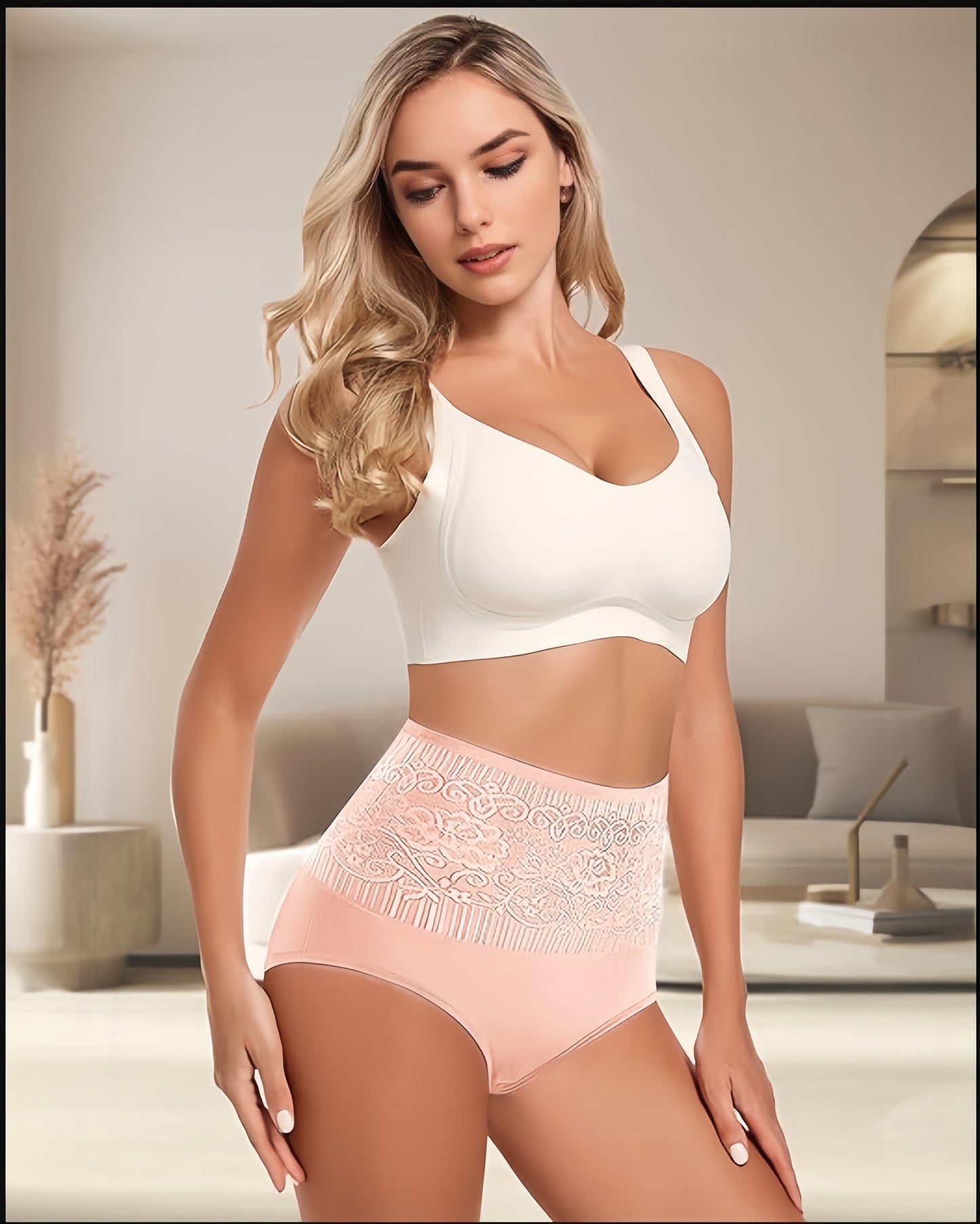 Women's Lace Trim High Waisted Cotton Underwear Full Coverage Ladies Panties Tummy Control Briefs 4 Pack Pink