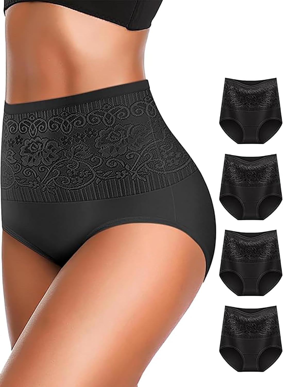 Women's Lace Trim High Waisted Cotton Underwear Briefs 4 Pack Black