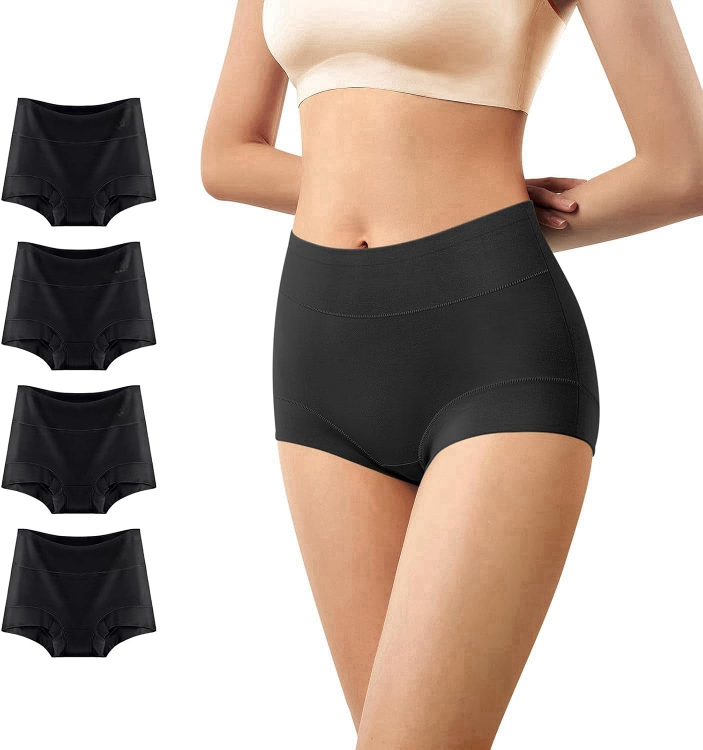 Ultimate Comfort cotton underwear for women,high waisted, Full Coverage, panties for women 4 Pack Black