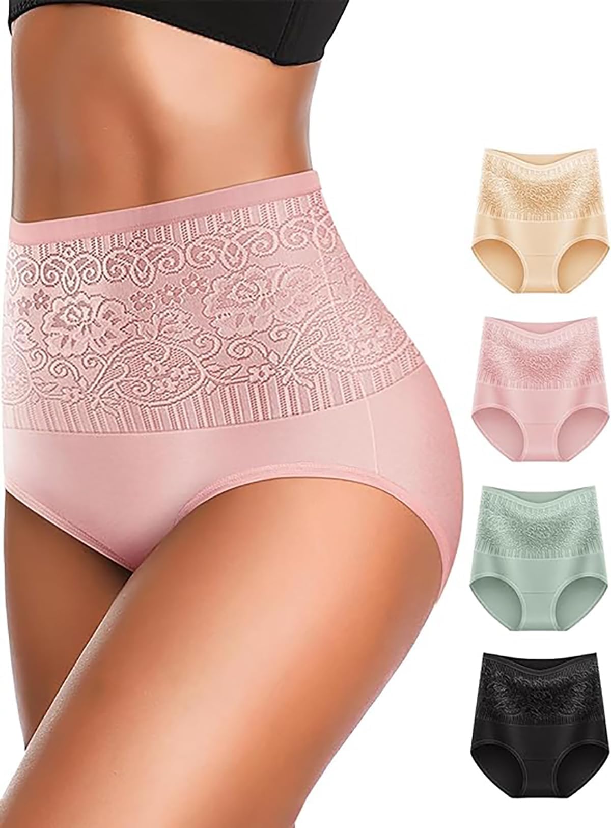 Women's Lace Trim High Waisted Cotton Underwear Briefs 4 Pack (Biege, Pink, Green,Black)