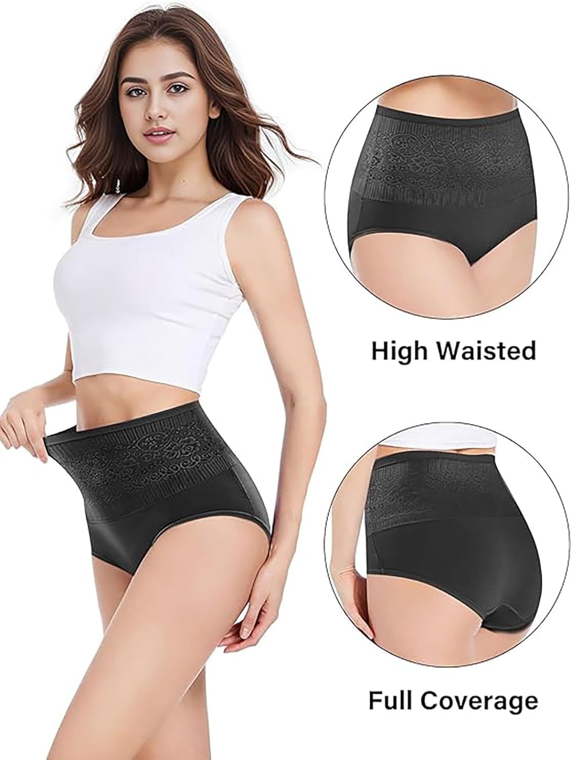 Women's Lace Trim High Waisted Cotton Underwear Briefs 4 Pack Black