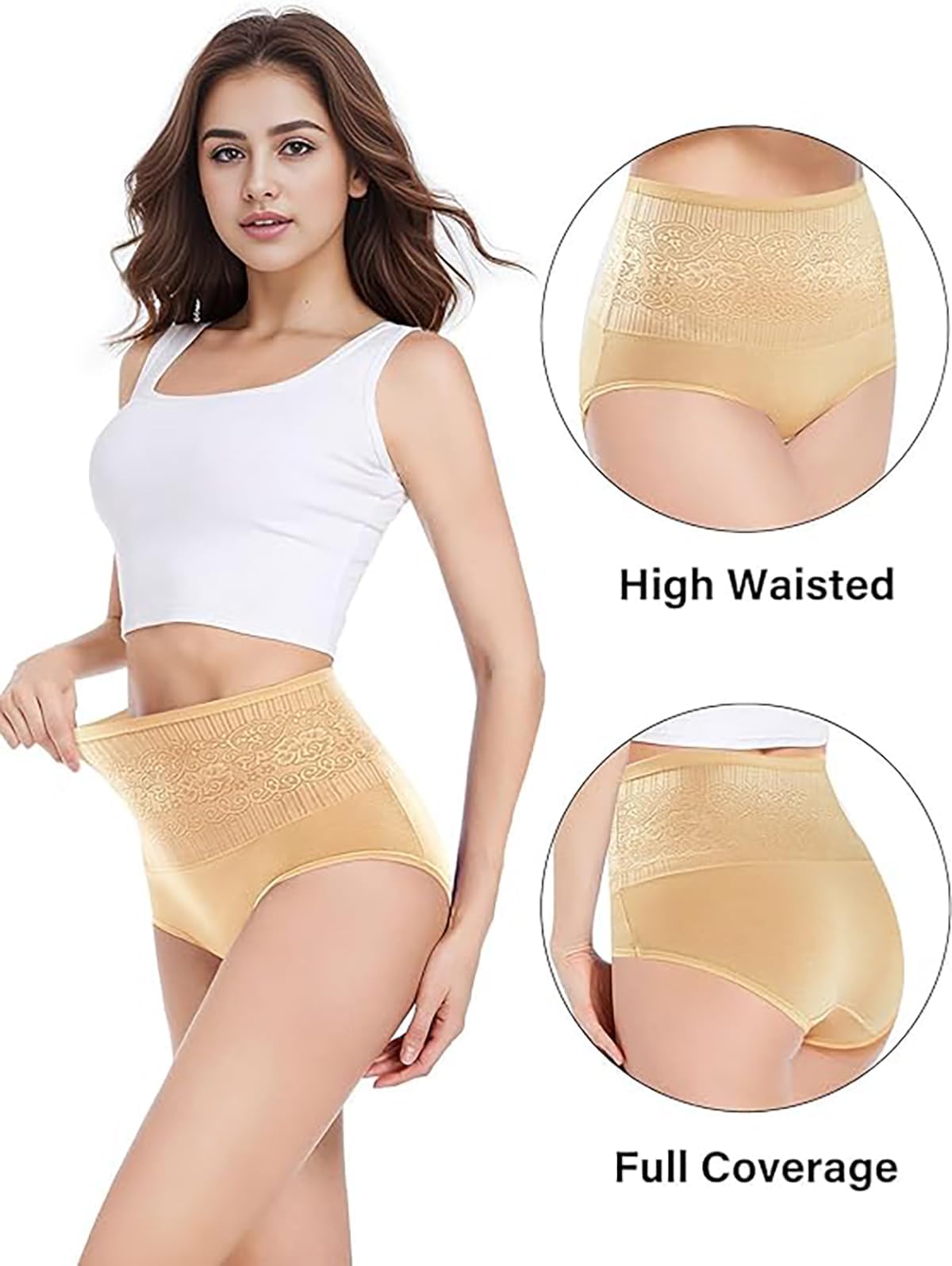 Women's Lace Trim High Waisted Cotton Underwear Briefs 4 Pack (Biege, Pink, Green,Black)