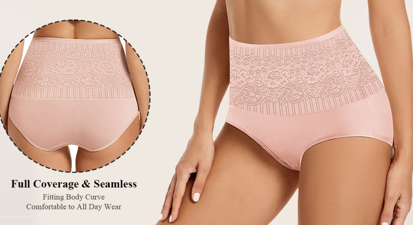 Women's Lace Trim High Waisted Cotton Underwear Full Coverage Ladies Panties Tummy Control Briefs 4 Pack Pink