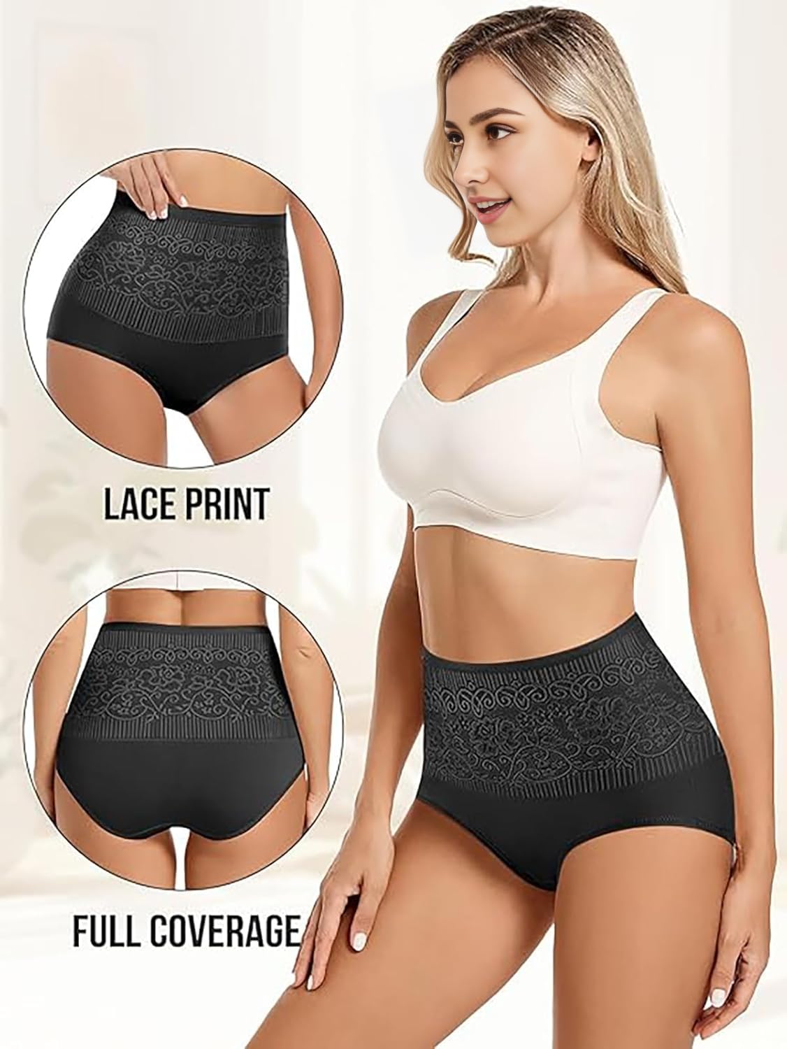 Women's Lace Trim High Waisted Cotton Underwear Briefs 4 Pack Black