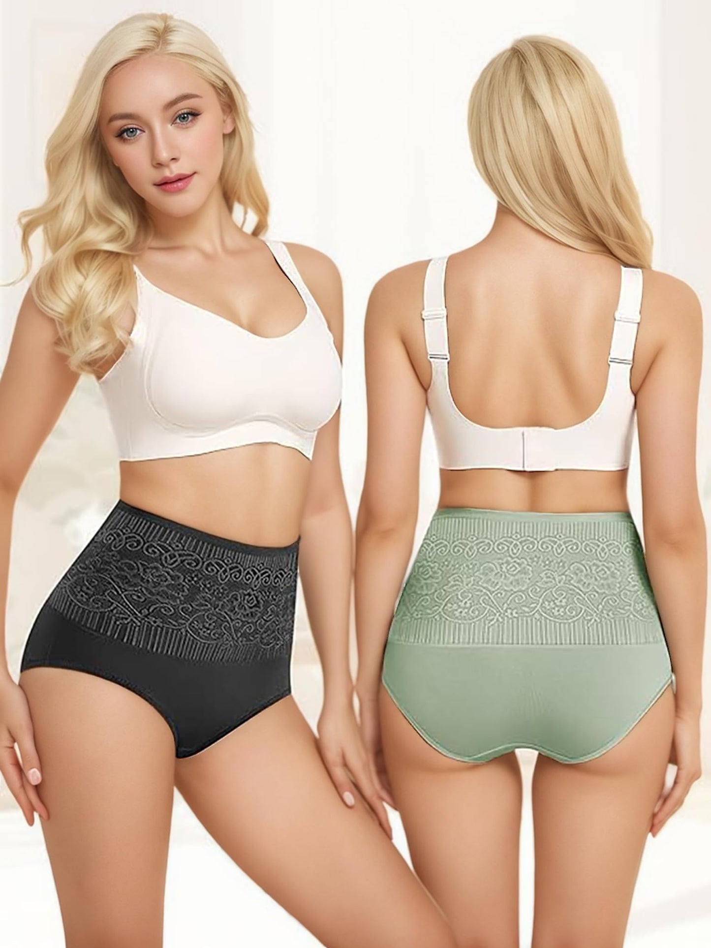 Women's Lace Trim High Waisted Cotton Underwear Briefs 4 Pack (Biege, Pink, Green,Black)