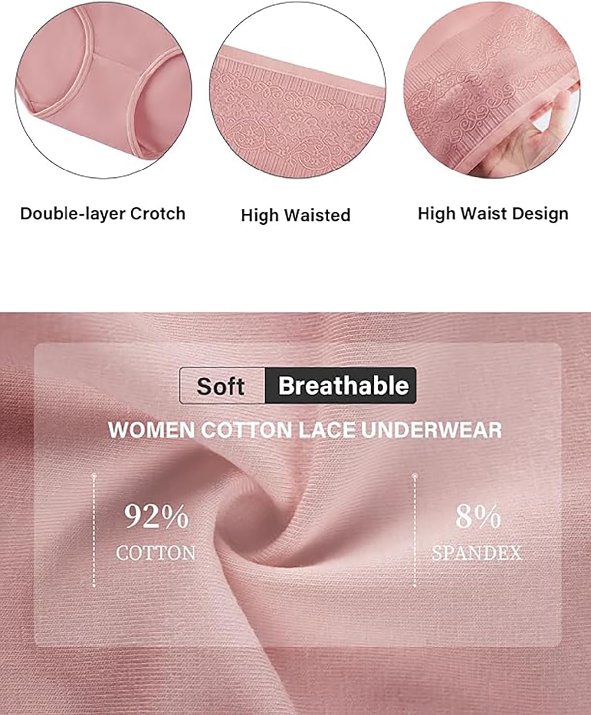 Women's Lace Trim High Waisted Cotton Underwear Briefs 4 Pack (Biege, Pink, Green,Black)