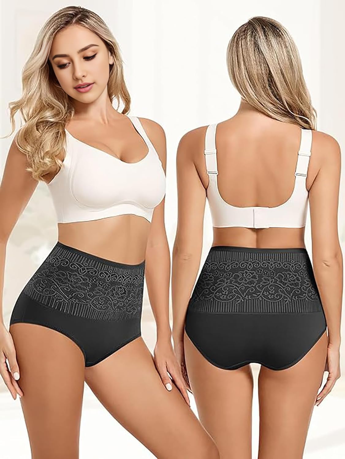 Women's Lace Trim High Waisted Cotton Underwear Briefs 4 Pack Black