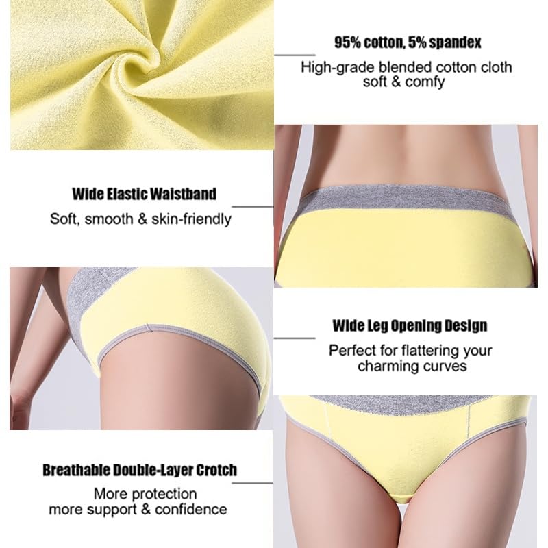 Women's Cotton Underwear Mid Waisted Stretch Briefs Soft Underpants Ladies Full Coverage Panties 4 Pack(Black, Grey, White, Yellow)