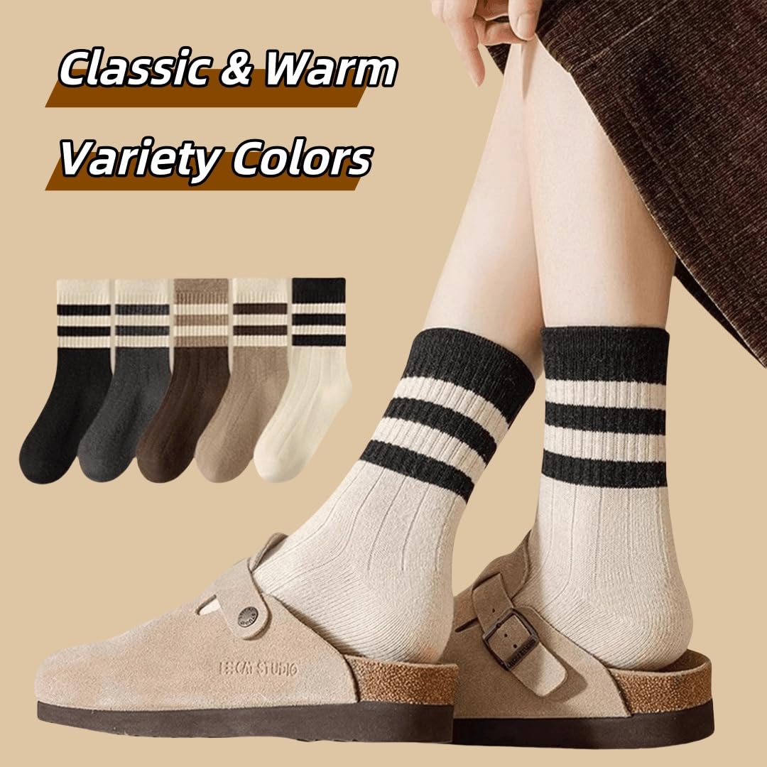 5 Pairs Classic Cotton Womens Crew Socks - FancyTwig