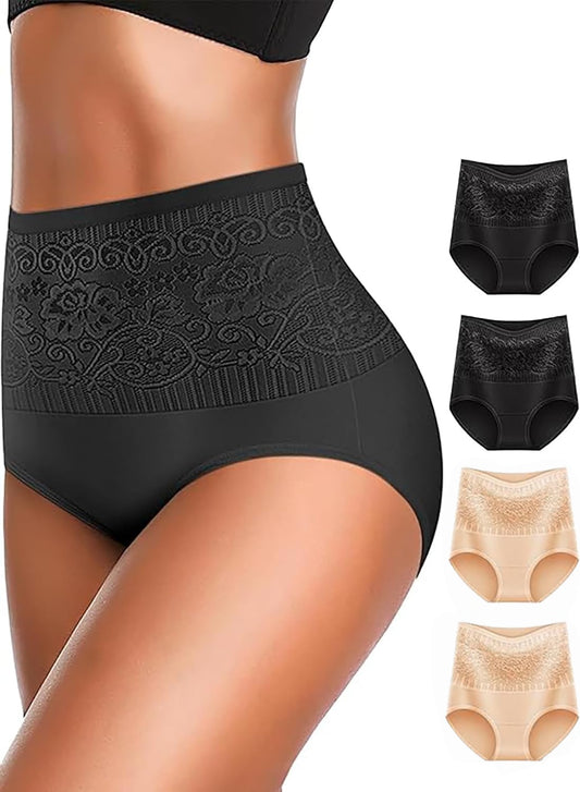 Women’s Lace-Trim High-Waisted Cotton Briefs 4 Pack(black, black, beige, beige)