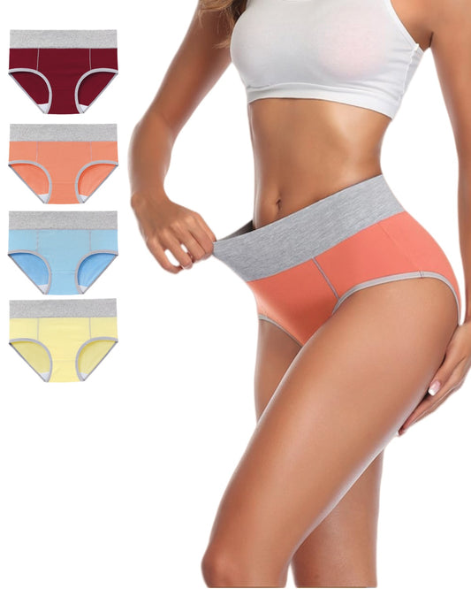 Women's Cotton Underwear Mid Waisted Stretch Briefs Soft Underpants Ladies Full Coverage Panties 4 Pack（Burgundy, Orange, Blue, Yellow）