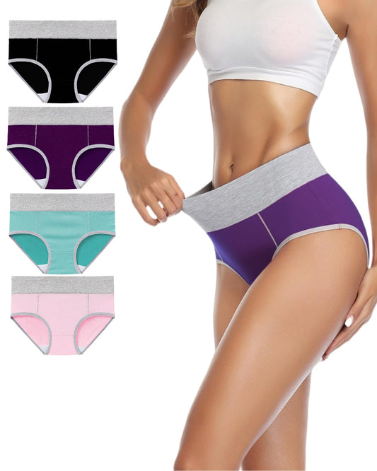 Women's Cotton Underwear Mid Waisted Stretch Briefs Soft Underpants Ladies Full Coverage Panties 4 Pack（Black, Purple, Green, Pink）