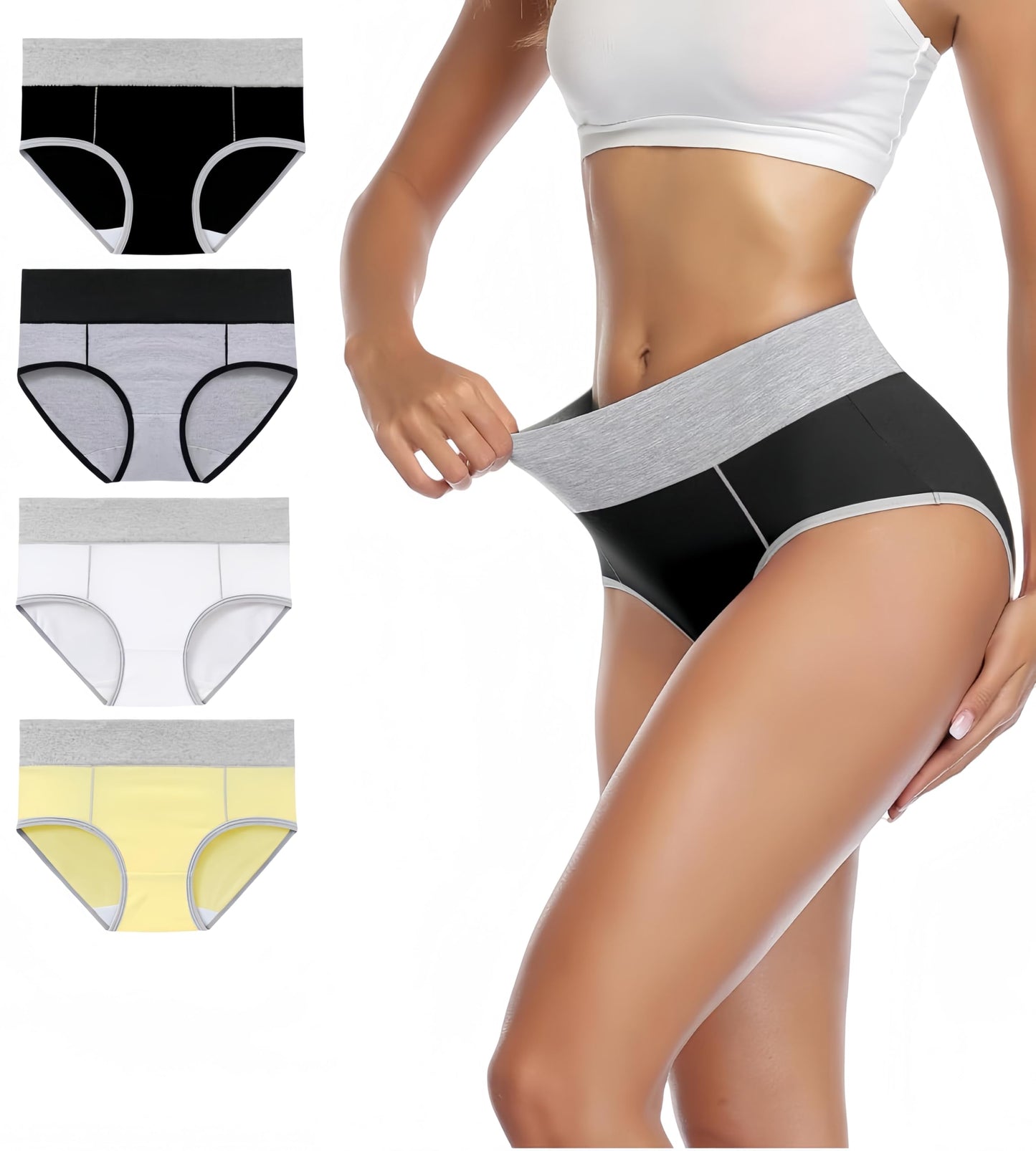 Women's Cotton  Stretch Briefs  Panties 4 Pack（Black, Grey, White, Yellow）