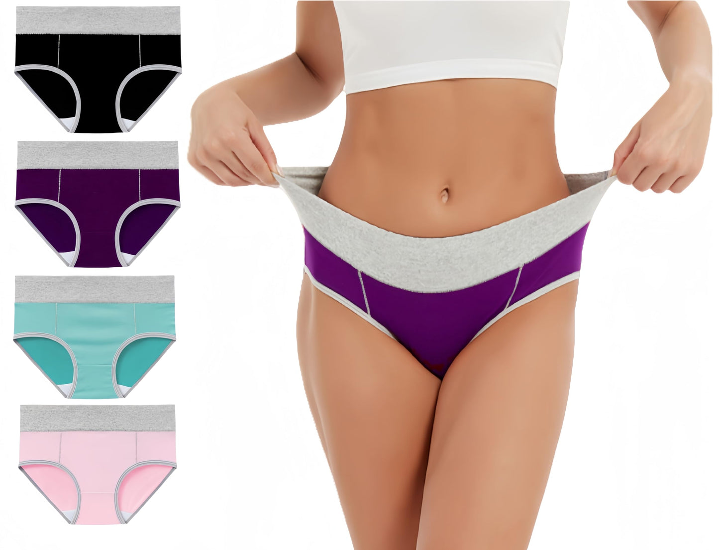 Women's Cotton  Stretch Briefs  Panties 4 Pack（Black, Purple, Green, Pink）