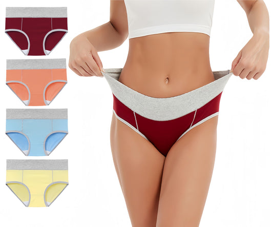 Women's Cotton  Stretch Briefs  Panties 4 Pack（Burgundy, Orange, Blue, Yellow）