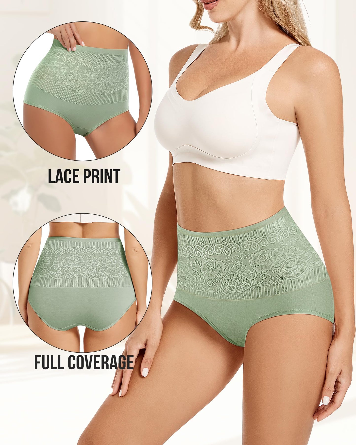 Women's Lace Trim High Waisted Cotton Underwear Full Coverage Ladies Panties Tummy Control Briefs 4 Pack Green