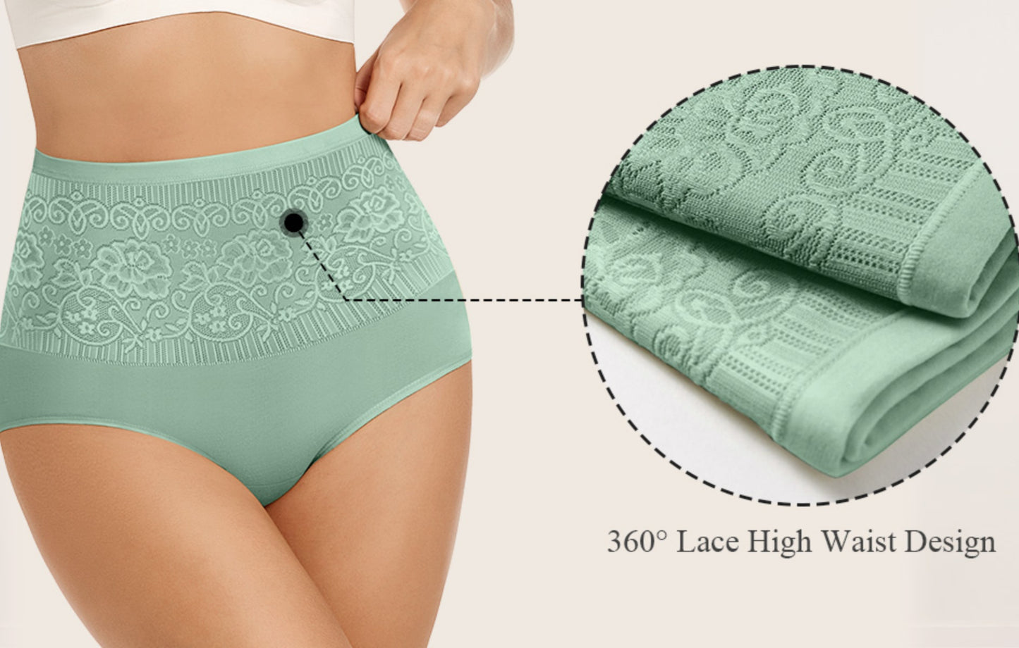 Women's Lace Trim High Waisted Cotton Underwear Full Coverage Ladies Panties Tummy Control Briefs 4 Pack Green